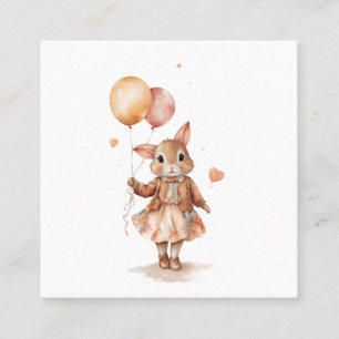 Carte De Visite Carré Aquarelle rétro Petite fille lapin avec ballons