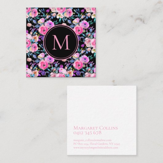 Carte De Visite Carré Aquarelle rose florale Monogramme (Devant / Derrière)