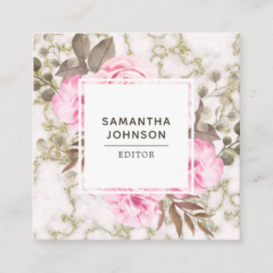 Carte De Visite Carré Aquarelle rose moderne or de marbre floral