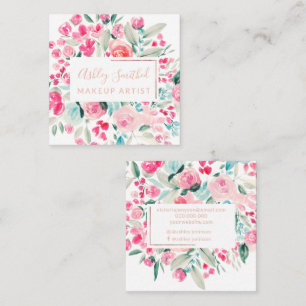 Carte De Visite Carré Aquarelle rose or rose floral maquillage chic