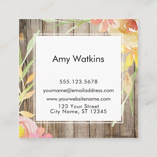 Carte De Visite Carré Aquarelle rose pâle Jaune Fleurs Bois rustique (Dos)