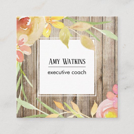 Carte De Visite Carré Aquarelle rose pâle Jaune Fleurs Bois rustique (Devant)