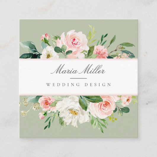 Carte De Visite Carré Aquarelle rose printemps vert Mariage (Devant)