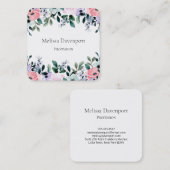 Carte De Visite Carré Aquarelle rose violet vert à la frontière florale (Devant / Derrière)