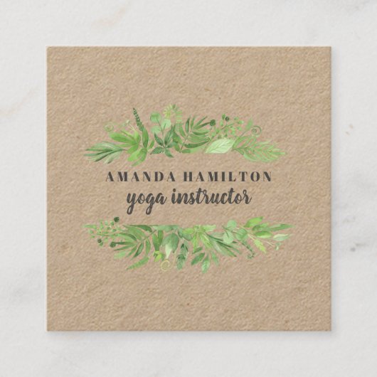 Carte De Visite Carré Aquarelle RUSTIQUE moderne feuillage vert de prair (Devant)