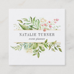 Carte De Visite Carré Aquarelle Sauvage Floral Vert Folithe