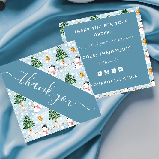 Carte De Visite Carré Aquarelle Snowman Noël Arbre bleu Merci