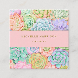 Carte De Visite Carré Aquarelle Succulente Jardin Coloré Pastel rose