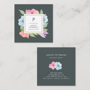 Carte De Visite Carré Aquarelle tendance Aquarelle rose or Fleurs Monogr