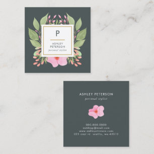 Carte De Visite Carré Aquarelle tendance mignonne rose Fleurs Monogramme