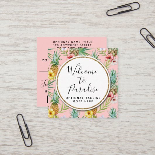 Carte De Visite Carré Aquarelle Tropicale Ananas & Hibiscus Fleurs (Devant/Arrière en situation)