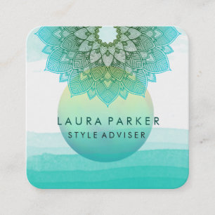 Carte De Visite Carré Aquarelle Turquoise bleue Lotus Floral Mandala Yog