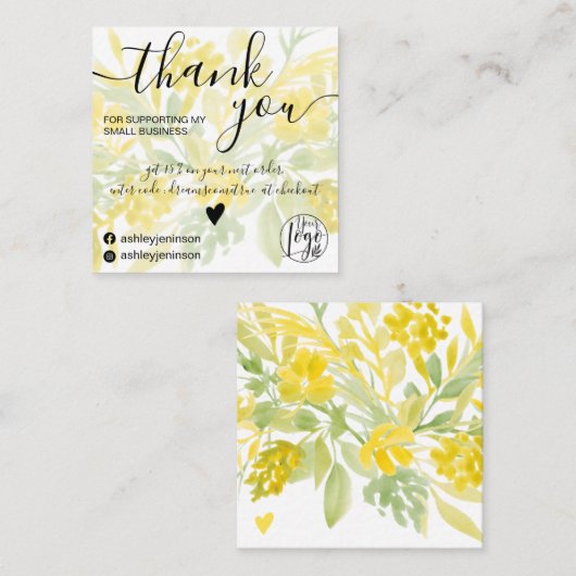 Carte De Visite Carré Aquarelle vert jaune commander girly merci (Devant / Derrière)