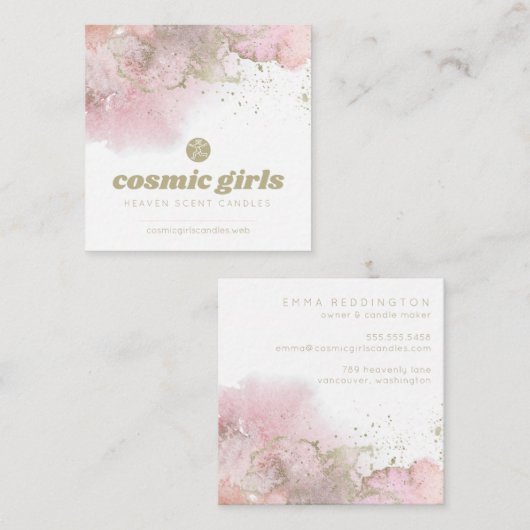 Carte De Visite Carré Art Abstrait rose avec accents or (Devant / Derrière)