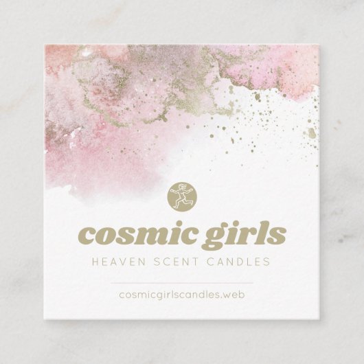 Carte De Visite Carré Art Abstrait rose avec accents or (Devant)