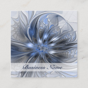 Carte De Visite Carré Art floral fractal abstrait aquarelle gris bleu