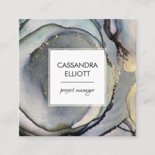 Carte De Visite Carré Art Liquide Abstrait Denim Blue & Gold Alcohol