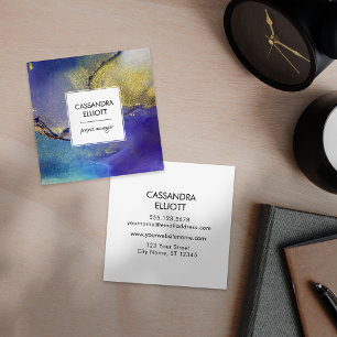Carte De Visite Carré Art Liquide d'encre d'alcool bleu violet et or