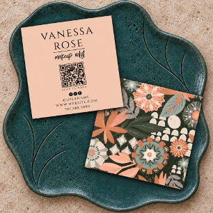 Carte De Visite Carré Artiste de Maquillage Boho Code QR Fleur Dusty Pea