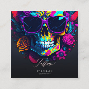 Carte De Visite Carré Artiste de tatouage moderne Gold Script Bleu rose 