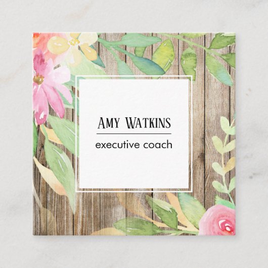 Carte De Visite Carré Artistic Boho Aquarelle Fleurs Bois Brown rustique (Devant)