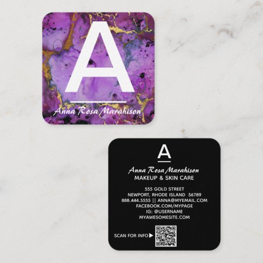 Carte De Visite Carré *~* Artsy Tendance INITIALE OR QR LOGO PHOTO (Devant / Derrière)