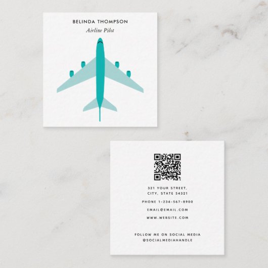 Carte De Visite Carré Avion pilote avion QR Code médias sociaux (Devant / Derrière)