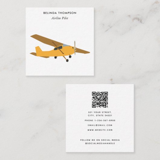 Carte De Visite Carré Avion pilote avion QR Code médias sociaux (Devant / Derrière)