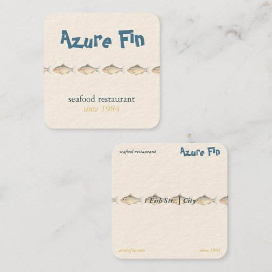 Carte De Visite Carré Azure Fin Coastal Fish Motif Restaurant de fruits  (Devant / Derrière)