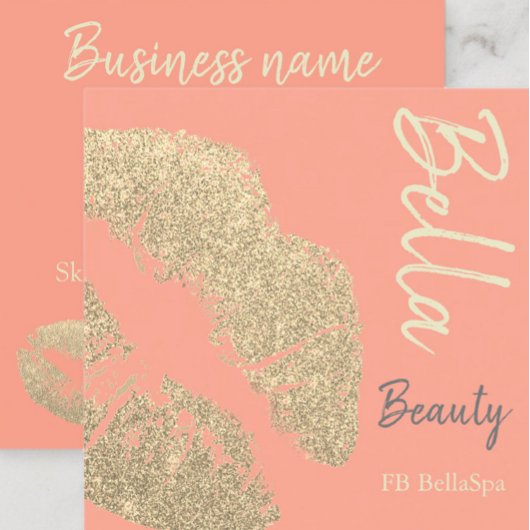 Carte De Visite Carré Baiser à lèvres imprimer pêche rose or beauté spa