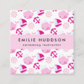 Carte De Visite Carré Baleines roses, Instructeur de natation, Entraîneu (Devant)