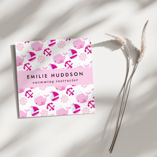 Carte De Visite Carré Baleines roses, Instructeur de natation, Entraîneu