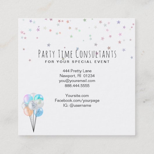 Carte De Visite Carré *~* Balloons Festivals Rainbow Event Planner (Dos)