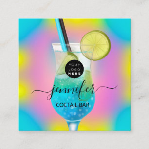 Carte De Visite Carré Bar-pub Boissons Restaurant Logo Holograph Blue
