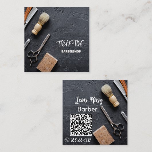 Carte De Visite Carré Barbier professionnel QR Gris (Devant / Derrière)