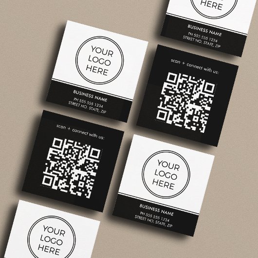 Carte De Visite Carré Basic Black Business Logo QR Code 