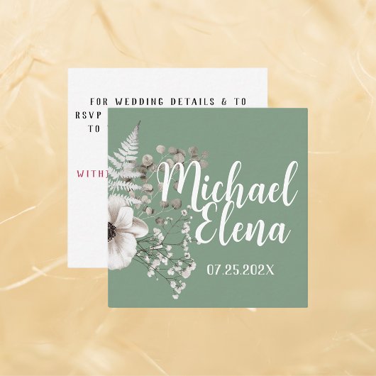 Carte De Visite Carré Basil & White Floral Détails du Mariage QR Code Ca