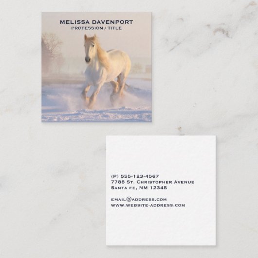 Carte De Visite Carré Beau Cheval Blanc Courir dans la neige (Devant / Derrière)