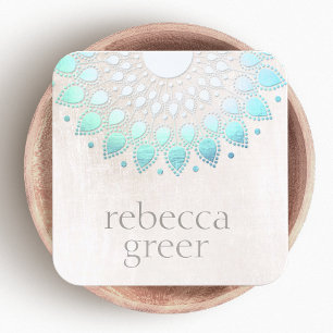 Carte De Visite Carré Beau Marbre blanc Floral Bleu Lotus Mandala