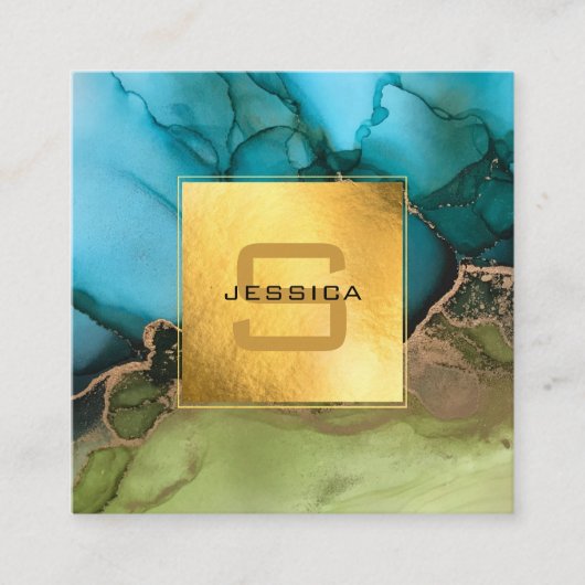 Carte De Visite Carré Beau or Turquoise noir Monogramme (Devant)