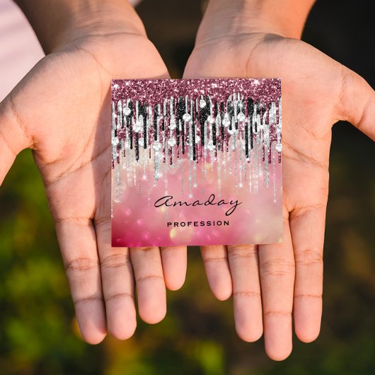 Carte De Visite Carré Beauté Studio Coiffeur maquillage Rose argent gout