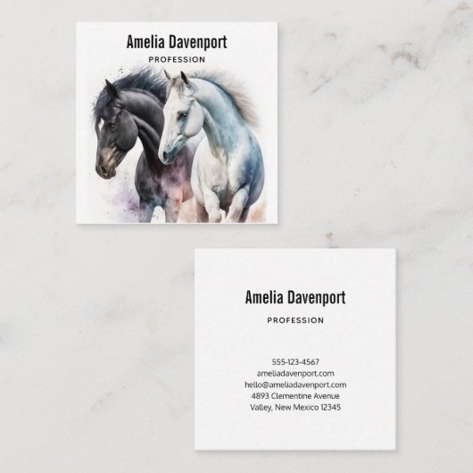Carte De Visite Carré Beaux Chevaux en Aquarelle (Devant / Derrière)
