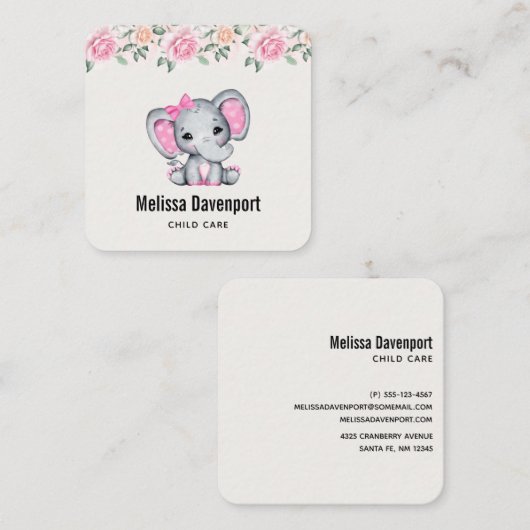 Carte De Visite Carré Bébé rose mignon éléphant et frontière Rose (Devant / Derrière)