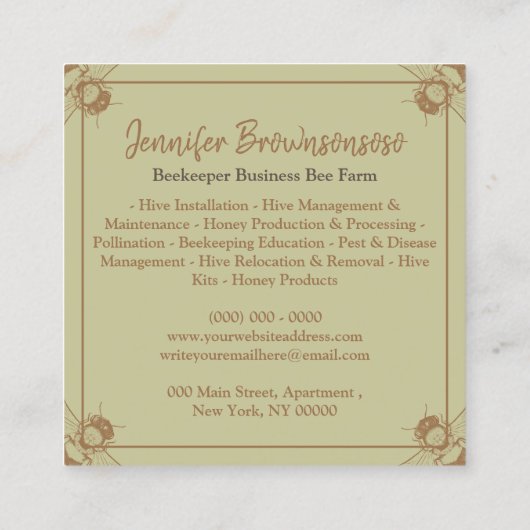 Carte De Visite Carré Beekeeper Bees Beige Honeycomb Farm Apier (Dos)