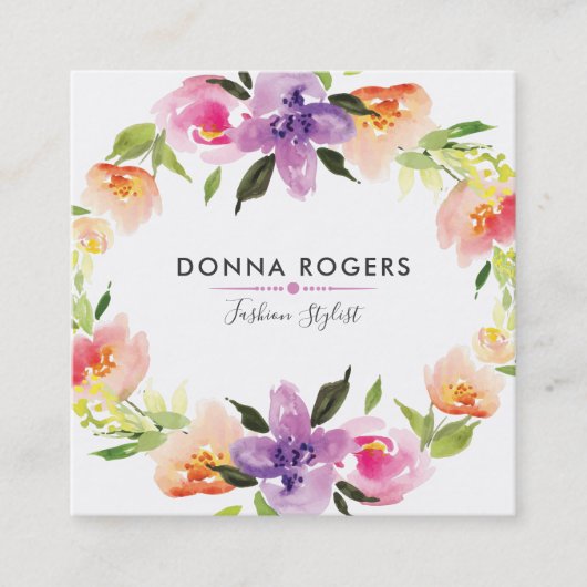 Carte De Visite Carré Belle aquarelle Fleurs Wreath (Devant)