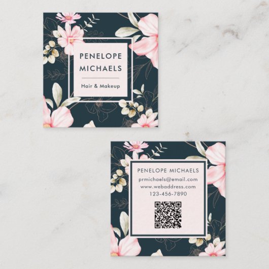 Carte De Visite Carré Belle florale blush avec QR Code Bleu foncé (Devant / Derrière)