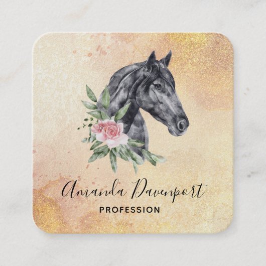 Carte De Visite Carré Belle tête de cheval noir Portrait d'aquarelle (Devant)