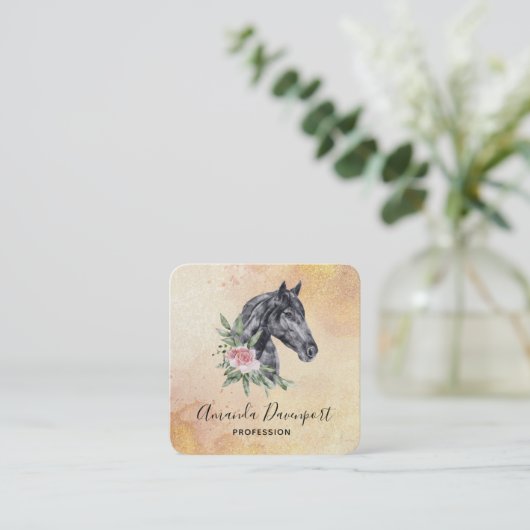 Carte De Visite Carré Belle tête de cheval noir Portrait d'aquarelle (Debout devant)