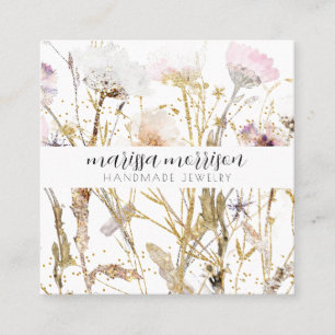 Carte De Visite Carré Bijoux artisanal Fleur sauvage Botanique Rose or