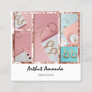 Carte De Visite Carré Bijoux de luxe perles d'or Rose rose blanc encadré